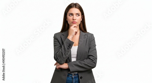 Pensive young woman in a gray blazer, lost in thought against a bright white background. Making decisions and pondering opportunities.