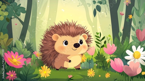 Digital illustration of a cute hedgehog amidst colorful flowers and trees in a whimsical forest setting.