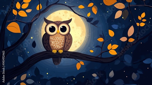 Digital illustration of a cute owl perched on a branch beneath a glowing moon, surrounded by autumn leaves.
