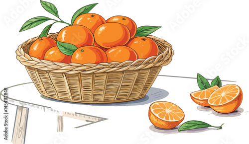 Mandarin in wicker basket with mandarin slice on table in white background vector design, Mandarin Illustration vector design, Mandarin orange vector design