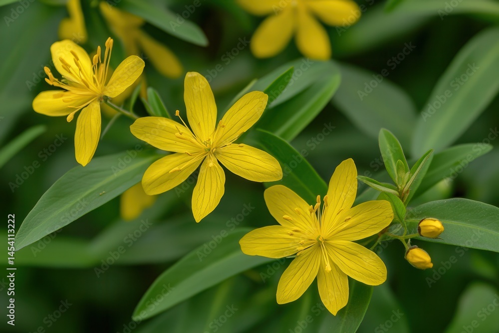 Fototapeta premium Vibrant yellow flowers blooming amidst lush green foliage in a serene garden setting (1)