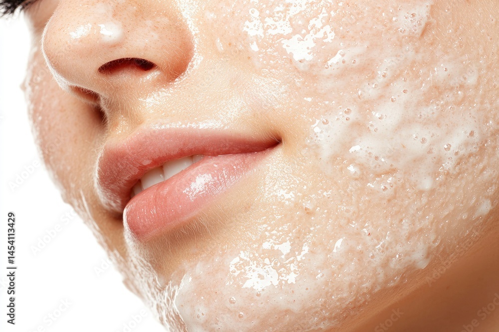 Fototapeta premium Face close-up with creamy texture, showing soft skin and subtle details in a bright setting