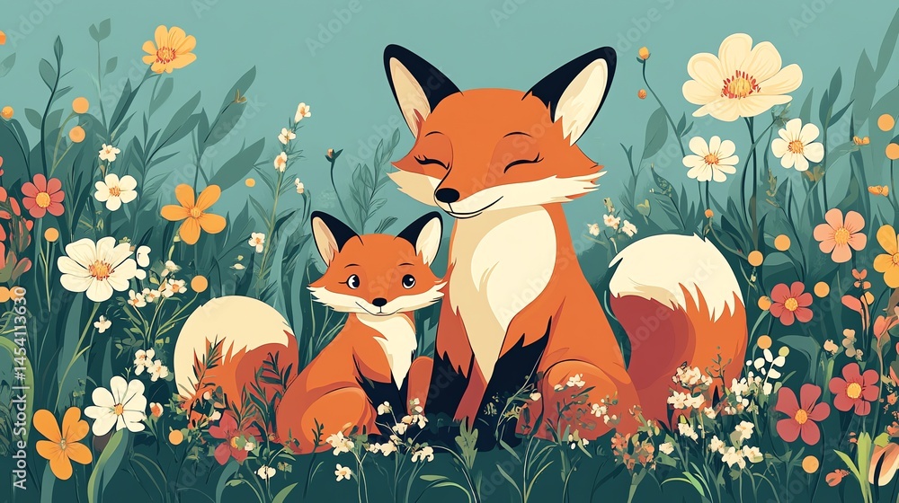 Digital illustration depicts a mother fox and her cub sitting amongst vibrant wildflowers in a grassy setting. Digital illustration depicts a mother fox and her cub sitting amongst vibrant wildflowers in a grassy setting.