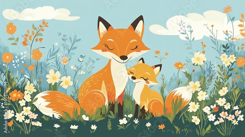 Digital illustration of two foxes, one mother and one cub, nestled among wildflowers under a blue sky.