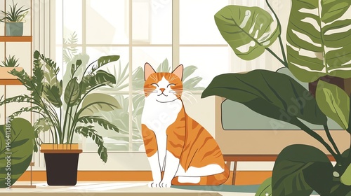 Digital illustration of a smiling orange tabby cat sitting among lush green plants in a sunlit room.
