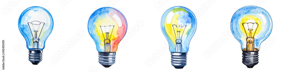 Obraz premium Watercolor Light Bulbs PNG set on Transparent Background, Innovation and Idea Illustration