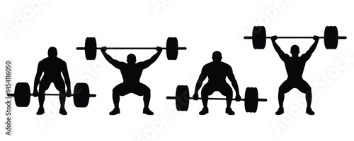 Weightlifter silhouette, Sports guy doing exercise with barbell, Set of weightlifting, Weightlifter vector black, Health and fitness trainer, Weightlifter silhouette on a white background