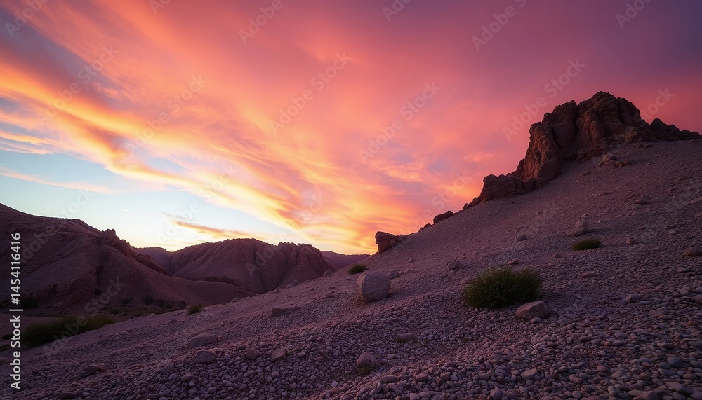Naklejka premium Blazing sunset over rocky hills - desert landscape in golden light 