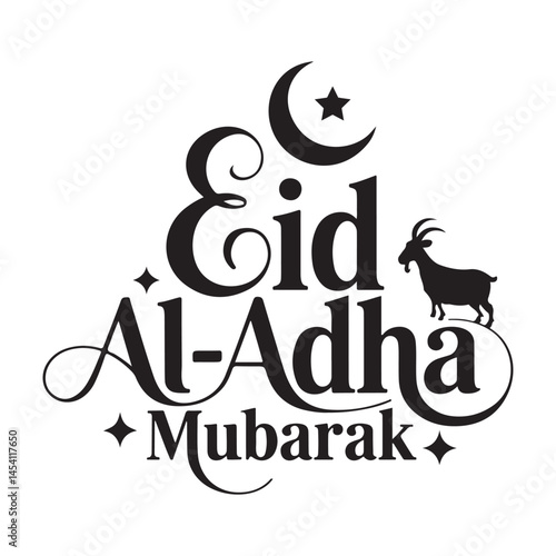 Eid al-Adha Mubarak calligraphy with crescent moon, star, and goat silhouette for Islamic Qurbani festival.