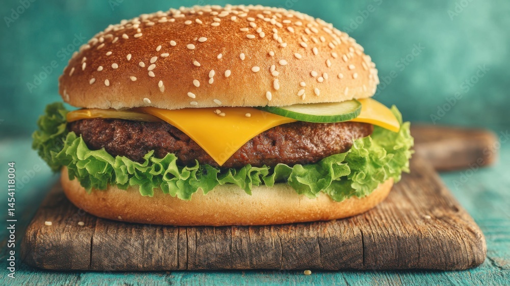 Delicious cheeseburger with sesame seed bun on a rustic wooden cutting board Delicious cheeseburger with sesame seed bun on a rustic wooden cutting board
