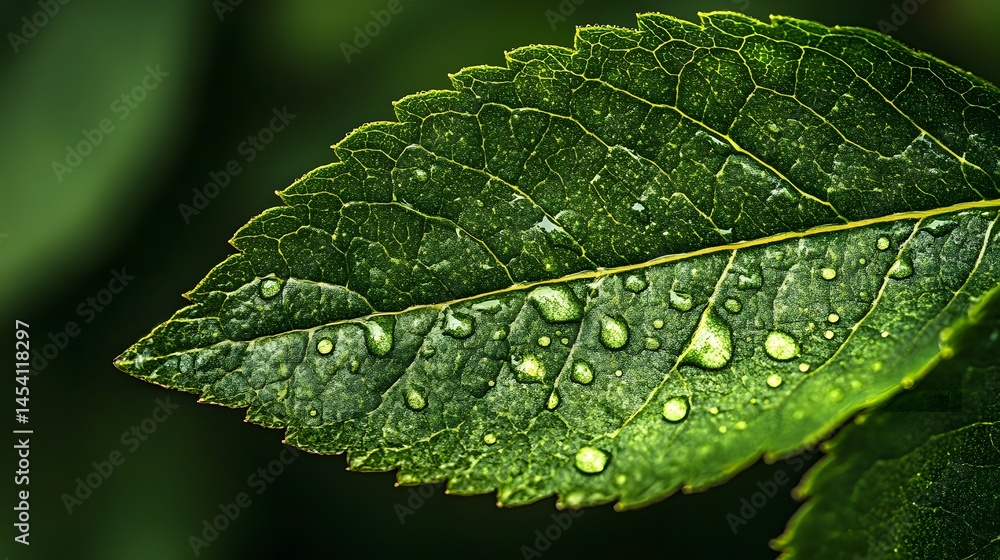 Close-Up of Fresh Green Leaf with Water Droplets on Surface Close-Up of Fresh Green Leaf with Water Droplets on Surface