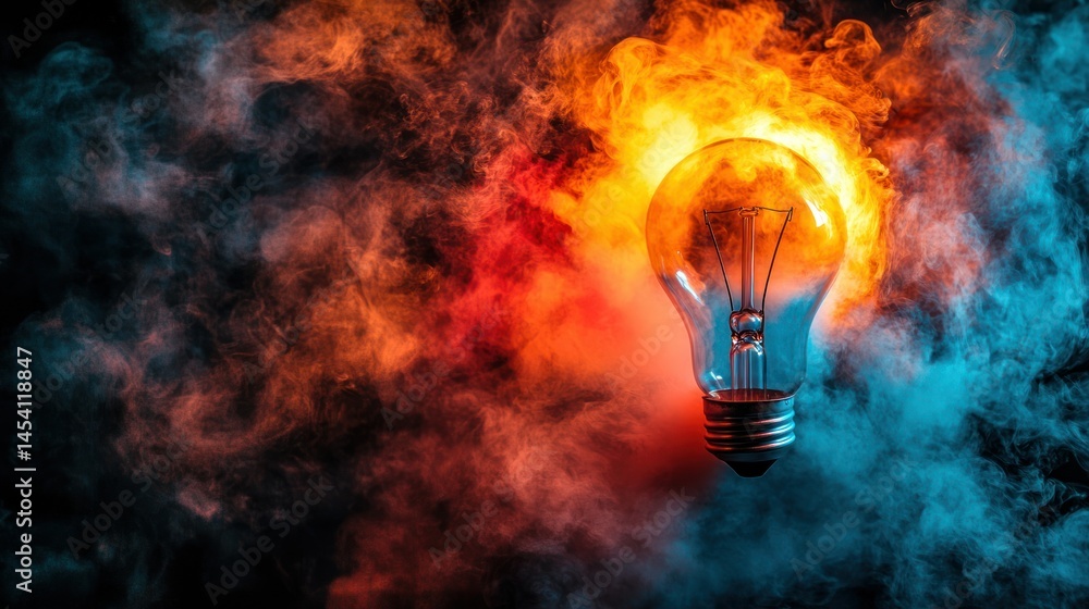 Fiery lightbulb in smoky studio; creative idea Fiery lightbulb in smoky studio; creative idea