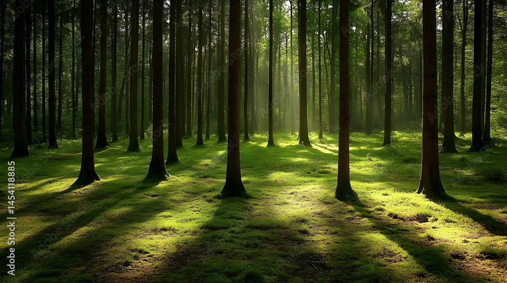 Sunlight streams through the dense trees in a forest glade Sunlight streams through the dense trees in a forest glade