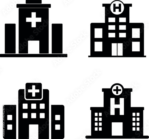 Simple Black Hospital Building Icons. Silhouette icons of hospital buildings. Simple, flat design,
Hospital Building Icons Medical Center, Healthcare Facility, Clinic Symbols