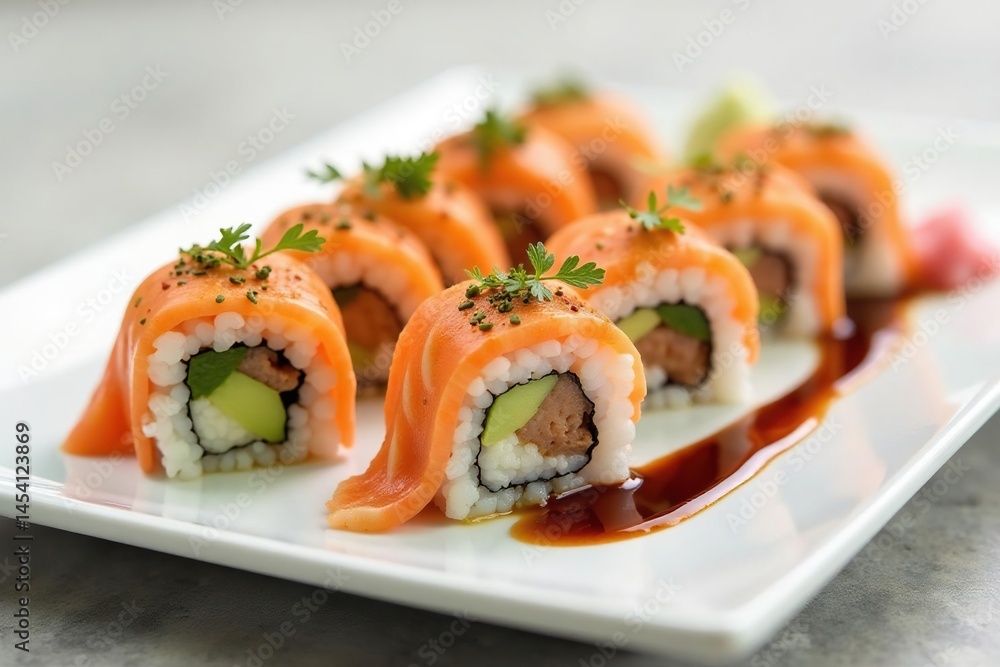 Variety of sushi rolls on white plate, soy sauce, wasabi, japanese, isolated, raw Variety of sushi rolls on white plate, soy sauce, wasabi, japanese, isolated, raw