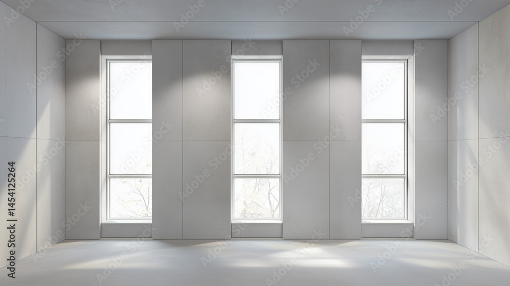 Fototapeta premium Sunlit Minimalist Room with Triple Windows, Embracing Serenity and Simplicity
