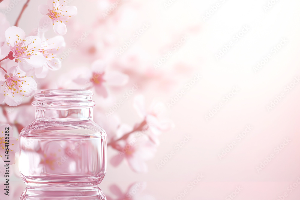 A tranquil scene featuring a glass jar filled with water and delicate cherry blossoms. A tranquil scene featuring a glass jar filled with water and delicate cherry blossoms.
