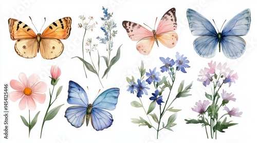 Beautiful watercolor depiction of insects with exquisite wildflowers