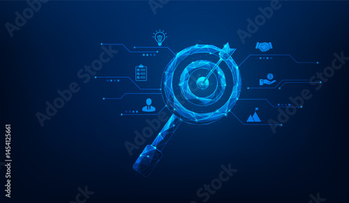 magnifying glass business goal target achievement low poly wireframe background. business management focus to success. vector illustration fantastic technology.