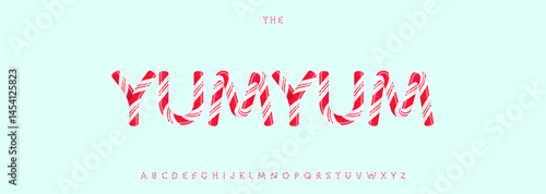 Striped candy alphabet, playful sweet letters, festive holiday font for joyful food branding, cheerful headline, whimsical typography, seasonal typographic design. Vector typeset.