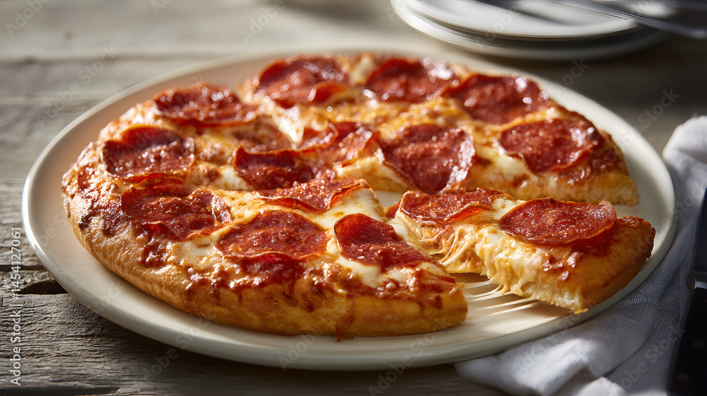 Delicious Hand-Tossed Pizza with Tangy Tomato Base and Pepperoni Slices on Rustic Wooden Table Delicious Hand-Tossed Pizza with Tangy Tomato Base and Pepperoni Slices on Rustic Wooden Table