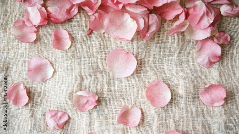 Fototapeta premium Pink Rose Petals on Beige Fabric Background