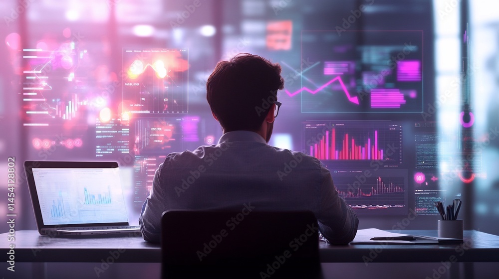 Analyst reviews data charts on laptop and displays for market analysis Analyst reviews data charts on laptop and displays for market analysis