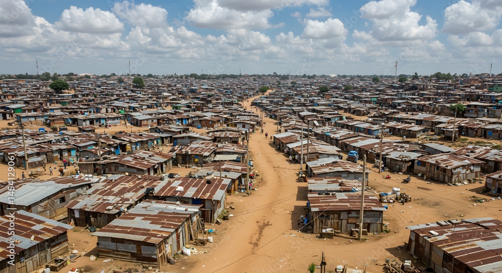 Fototapeta premium AI image providing an aerial perspective of a vast, densely populated slum or shantytown under a blue sky with clouds.