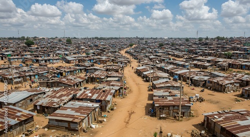 AI image providing an aerial perspective of a vast, densely populated slum or shantytown under a blue sky with clouds.