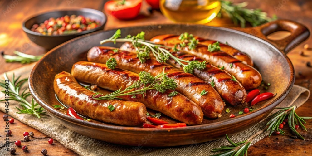 Grilled sausages in a rustic wooden dish, garnished with fresh herbs and chili peppers Grilled sausages in a rustic wooden dish, garnished with fresh herbs and chili peppers