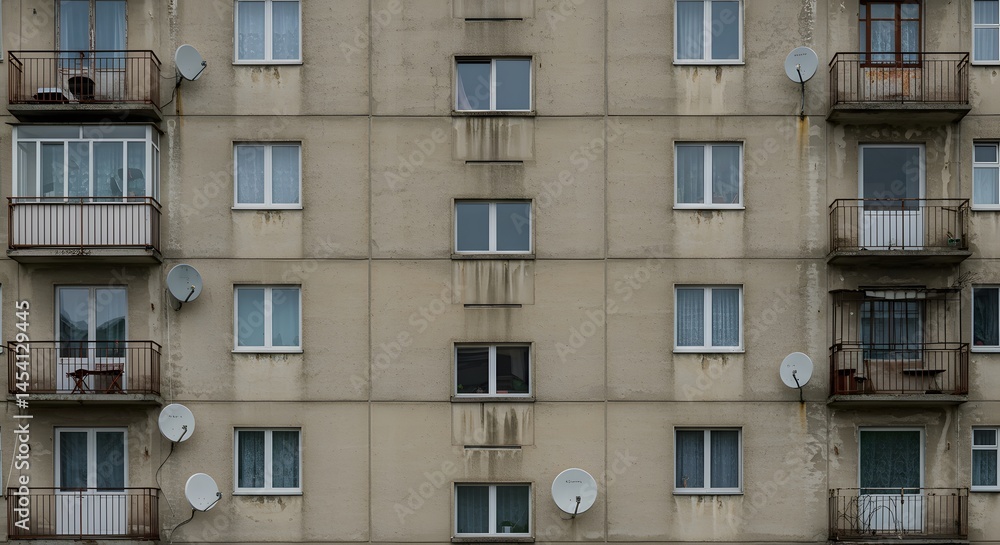 AI image presenting a flat, symmetrical facade view of a weathered, concrete panel apartment block with repeating windows and balconies. AI image presenting a flat, symmetrical facade view of a weathered, concrete panel apartment block with repeating windows and balconies.