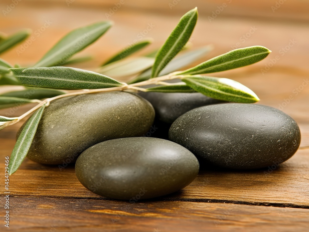 Fototapeta premium Dark, ripe olives with vibrant green leaves rest on rustic wood, evoking Mediterranean flavors and natural freshness