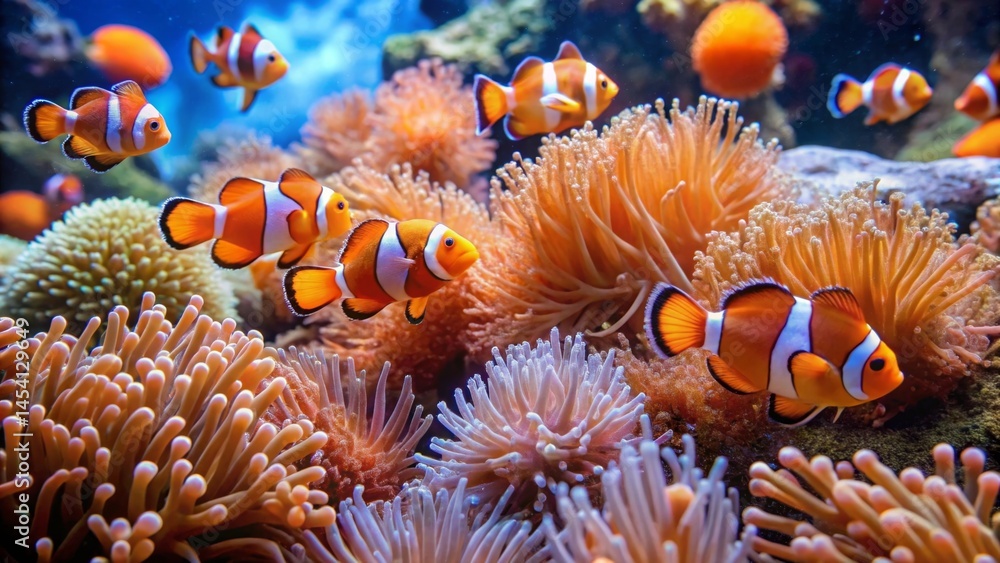 Vibrant orange and white clownfish gracefully navigate a breathtaking underwater coral reef ecosystem, showcasing their symbiotic relationship with sea anemones. Vibrant orange and white clownfish gracefully navigate a breathtaking underwater coral reef ecosystem, showcasing their symbiotic relationship with sea anemones.