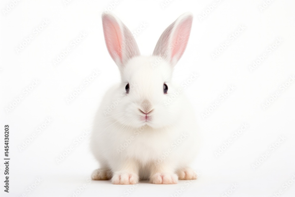 Charming white rabbit with a tiny pink nose and fluffy tail resting peacefully with its paws tucked under its body Charming white rabbit with a tiny pink nose and fluffy tail resting peacefully with its paws tucked under its body