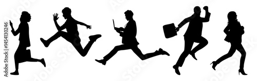 Silhouettes of business people running, jumping, winning full length front, side view. Vector black monochrome outline illustration isolated on transparent background . Avatar, icons for website.