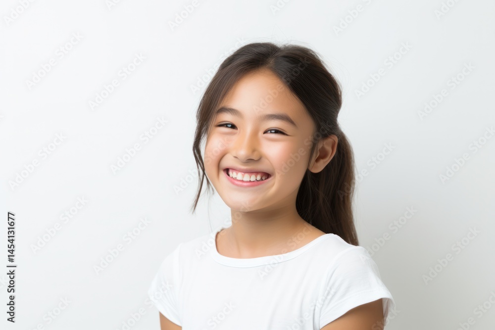 A cheerful girl with a big smile, her perfect teeth shining brightly as she poses in front of a simple white backdrop A cheerful girl with a big smile, her perfect teeth shining brightly as she poses in front of a simple white backdrop