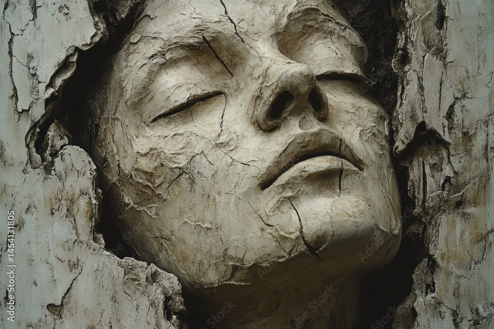 A weathered stone face, eyes closed, embedded in a cracked wall, evokes feelings of age, fragility, and serene acceptance.