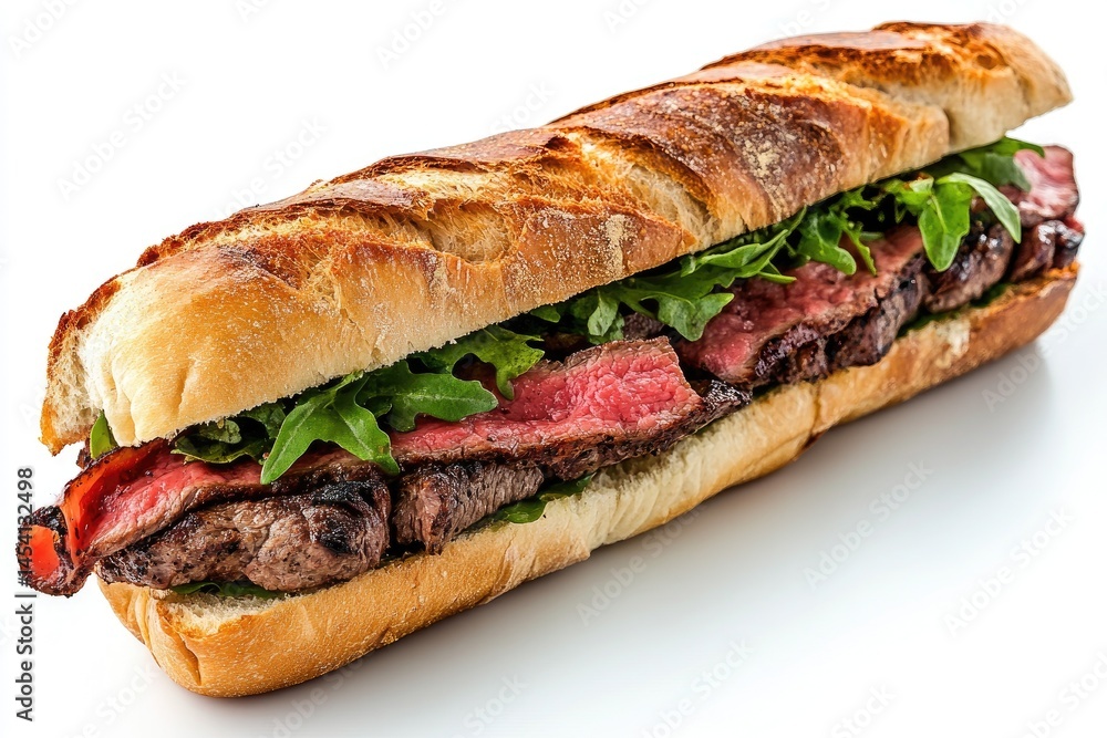 Grilled steak sandwich on a long baguette. Fresh arugula and bacon add flavor Grilled steak sandwich on a long baguette. Fresh arugula and bacon add flavor