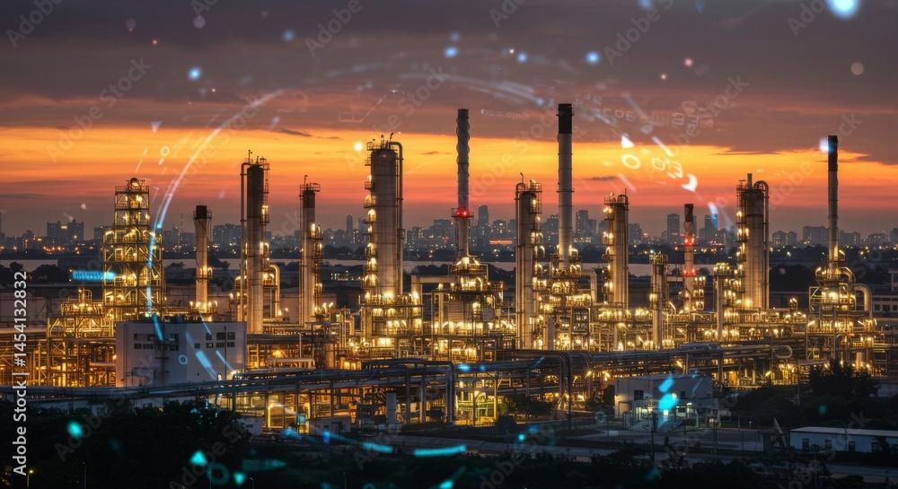 Fototapeta premium Night view of illuminated industrial complex