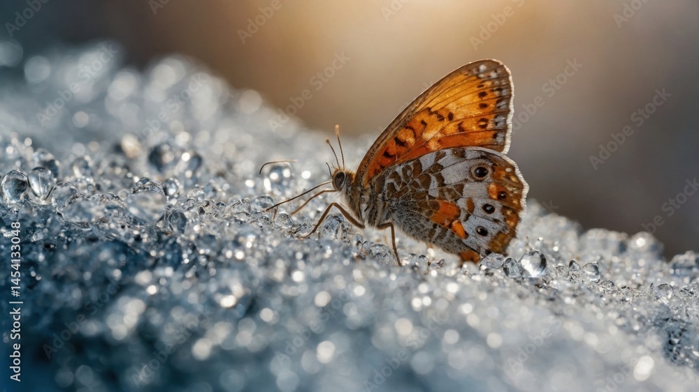 Obraz premium Orange and brown butterfly resting on a surface covered in sparkling water droplets, creating a natural habitat scene