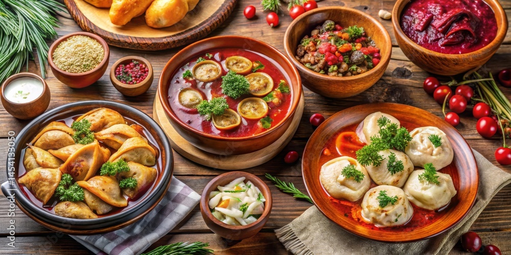 A Festive Table Featuring an Array of Savory Dishes, Including Steamed Dumplings in Rich Sauces, alongside Vibrant Vegetable Side Dishes and a Beetroot Relish. A Festive Table Featuring an Array of Savory Dishes, Including Steamed Dumplings in Rich Sauces, alongside Vibrant Vegetable Side Dishes and a Beetroot Relish.