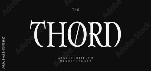 Gothic serif alphabet, mystical sharp letters, dark fantasy font for arcane branding, moody headline, medieval typography, enchanted typographic design. Vector typeset.
