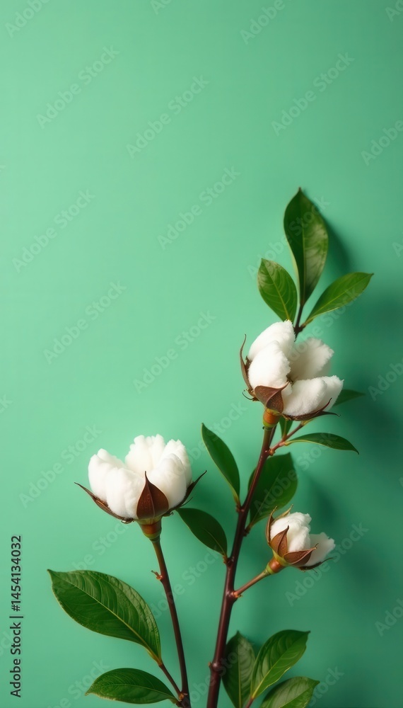 Obraz premium Delicate eucalyptus & cotton blossoms, minimalist green backdrop, product, botanical