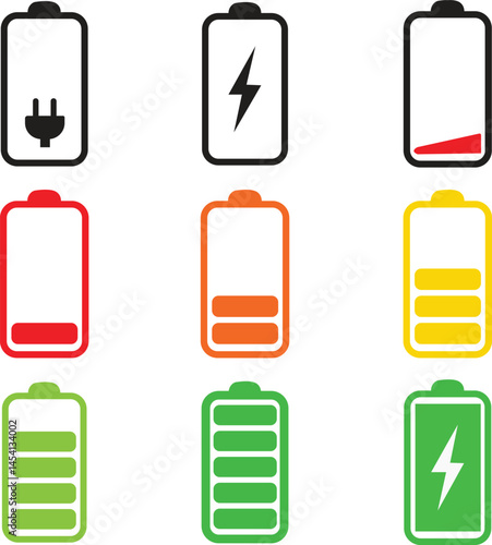 Battery icon set. battery charge level. battery Charging icon. Charge indicator. Power low up status batteries logo