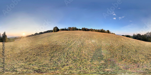 Full Spherical panorama of mountain field sunset