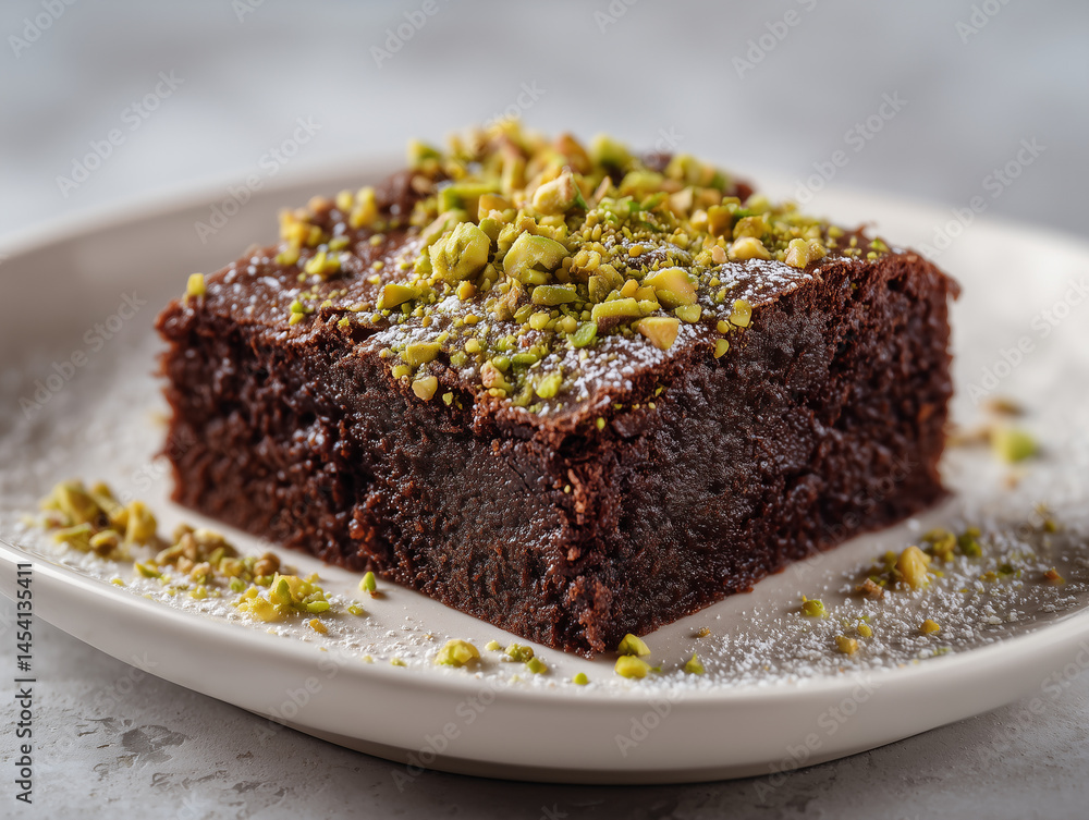 Decadent Brownie Delight: An enticing close-up captures a rich, gourmet brownie, generously topped with vibrant green pistachio and a dusting of powdered sugar, served on a stylish plate. Decadent Brownie Delight: An enticing close-up captures a rich, gourmet brownie, generously topped with vibrant green pistachio and a dusting of powdered sugar, served on a stylish plate.