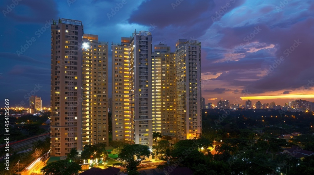Fototapeta premium Residential high-rise building lit up at night