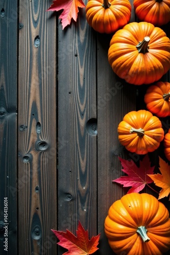 Wallpaper Mural Orange pumpkins, colorful leaves on weathered wood , seasonal, copy space, yellow Torontodigital.ca
