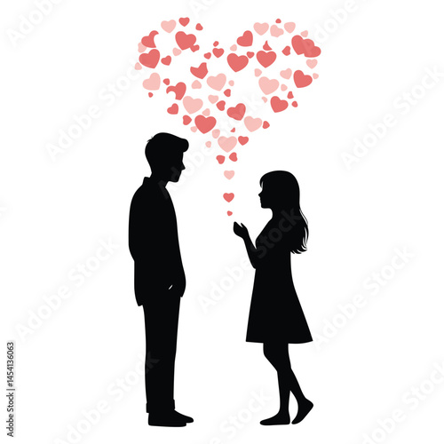 cute young couple lover boyfriend and girlfriend male and female character heart love icon silhouette vector art flat design 