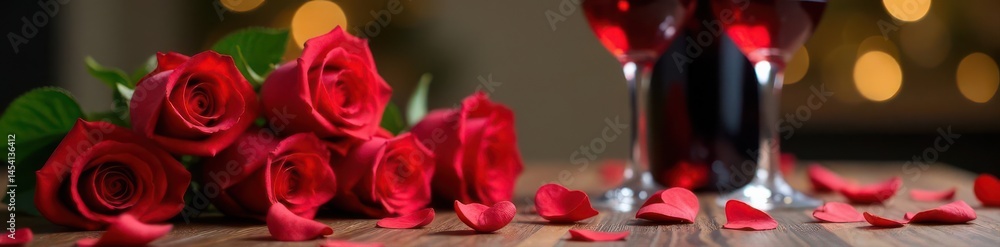 Fototapeta premium Red roses, wine gift, & romantic Valentine's Day dinner table , special, bottle